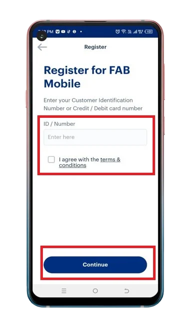 FAB Mobile App – Registration Screen with ID Field and Continue Button