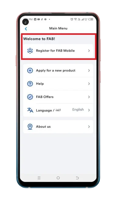 FAB Mobile App Main Menu – Tap 'Register for FAB Mobile' to Begin FAB Bank Salary Account Balance Check