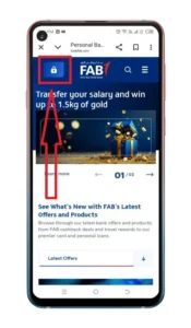 FAB Bank mobile homepage with login button highlighted