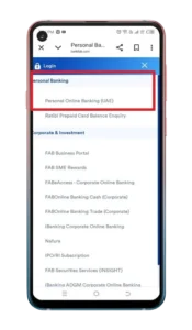FAB Bank menu with personal online banking selected