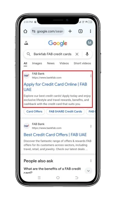 Searching " Bank FAB Credit Cards" in Google