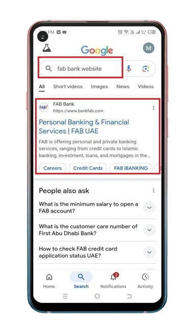 Google search for FAB Bank website on mobile
