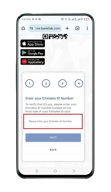The registration page of the online banking in mobile view