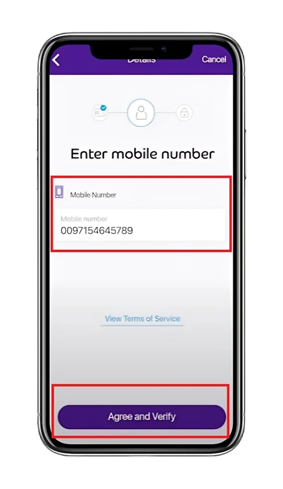 The app's interface prompting user to enter their mobile number and  verify it by clicking "Agree and Verify" button.